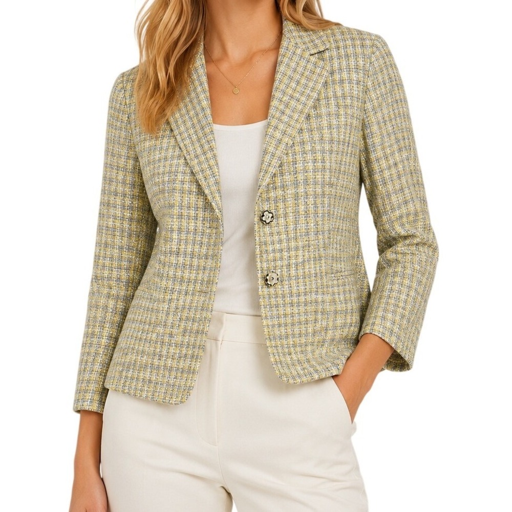 Sigrid Olsen Yellow Blue Tweed Plaid Blazer Jacket Women's 4